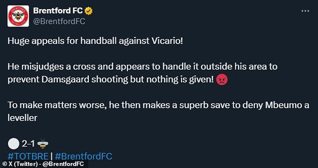 Even Brentford's official Twitter account on X was shocked by the Vicario incident.