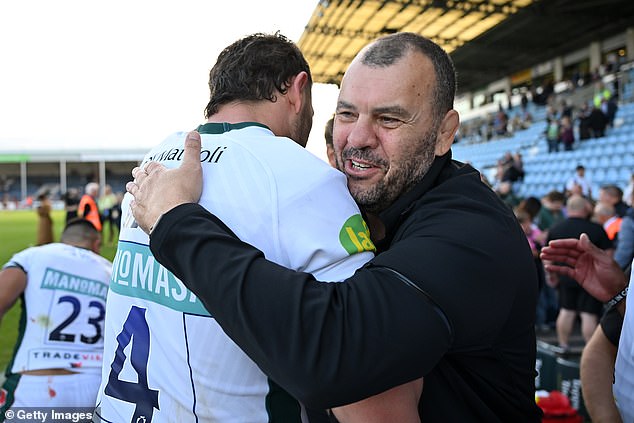 Leicester manager Cheika celebrates with Harry Wells after their win over Exeter