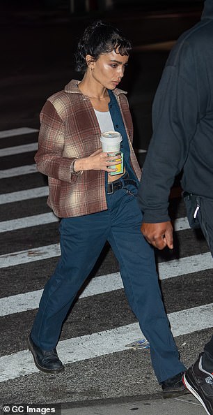 The 35-year-old actress showed off her toned abs in a white cropped T-shirt and a thick flannel jacket over an open dark blue button-down shirt.