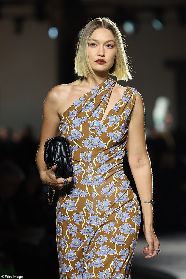 Ms Law appeared at the fashion show alongside Gigi Hadid (pictured) in a brown and blue floral dress.