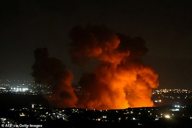 Plumes of smoke rise from the site of an Israeli airstrike outside the town of Zawtar in southern Lebanon. Hezbollah responded yesterday by firing up to 100 rockets into Israeli territory.