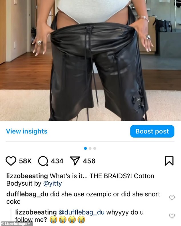 Lizzo then shared a screenshot of a social media user's comment accusing her of taking ozempic, or 'cocaine.'