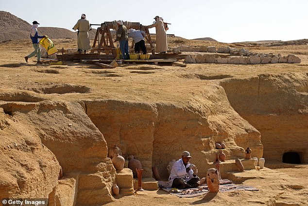 Gisr el-Mudir is one of the oldest known stone structures in Egypt, just a few hundred meters west of the Pyramid of Djoser. The function of this space has long been unclear. Pictured: Egyptian archaeologists at Gisr el-Mudir in January 2023