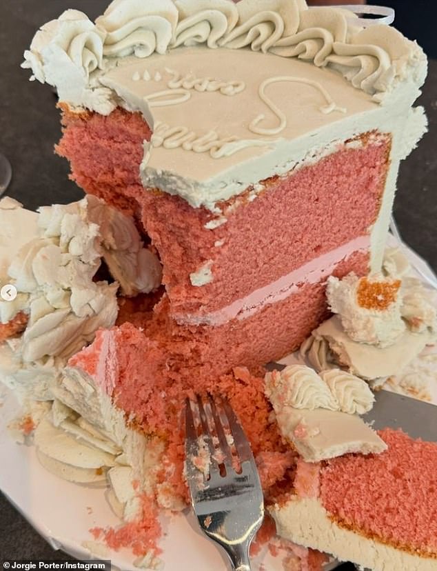 Revealing her news, Jorgie posted a photo of the cut cake, showing a pink sponge cake with pink icing inside.