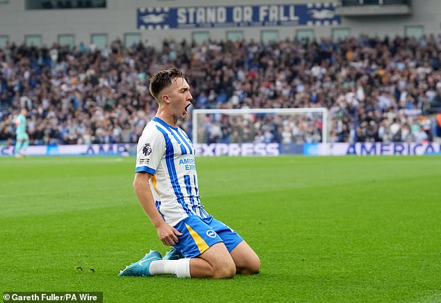 Jack Hinshelwood equalised for Brighton by scoring the fourth goal of his top-flight career