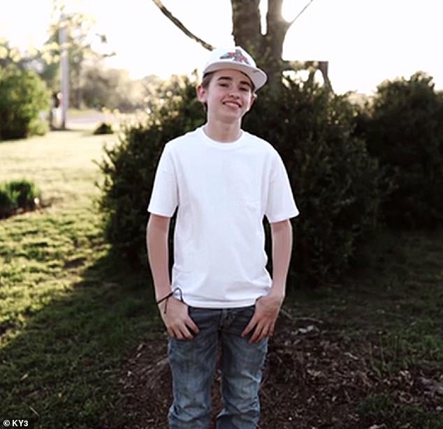 Riley Grunden's 13-year-old son, pictured, was suspended for three days from Liberty High School in the small town of Mountain View after her son admitted to posting the photo.