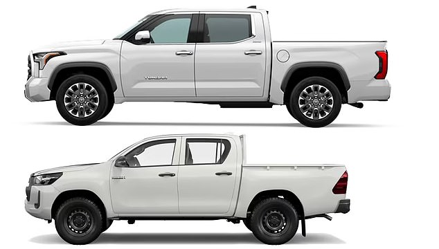 The Tundra (top) dwarfs Toyota's HiLux (bottom), with the new pickup measuring 5,933mm long and 2,037mm wide compared to the classic's chassis of just 5,265mm long and 1,800mm wide.