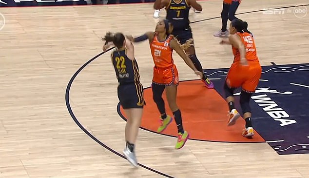 Just 90 seconds into the playoff game, Clark was knocked to the ground by Connecticut guard DiJonai Carrington, who appeared to push her as she attempted to block the ball.