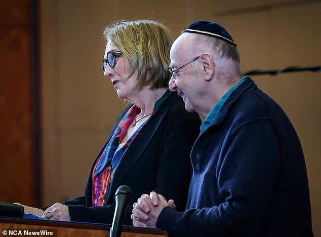 Landsberger's parents, Anne and Jake, talk about their son during the service.