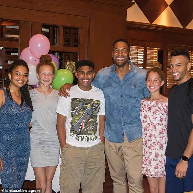 In addition to Tanita (left), Michael also has a son, Michael Strahan Jr., 29 (right), with Wanda. He also has twin daughters, Isabella and Sophia, 19, with his second wife, Jean Muggli. Michael is pictured with his children and stepson Dorian (center).