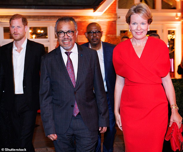 Harry is seen with World Health Organization chief Dr Tedros Adhanom Ghebreyesus, along with actor Whitaker and Queen Mathilde.