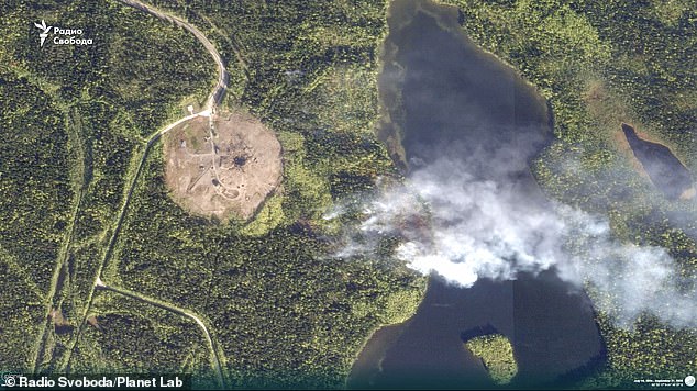 The green foliage of summer has been vaporized as a crater was formed by the massive explosion at the test site.