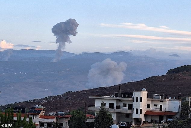 Plumes of smoke rise from the site of Israeli airstrikes on Lebanese villages, as seen from Marjaayoun, southern Lebanon