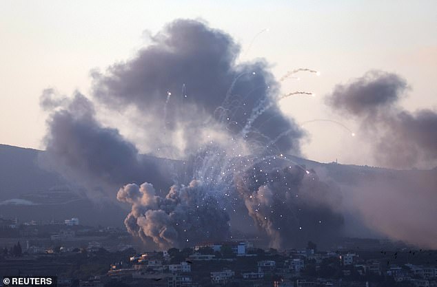 Plumes of smoke rise over southern Lebanon following Israeli strikes, amid ongoing cross-border hostilities between Hezbollah and Israeli forces, as seen from Tyre