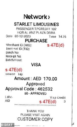 Pictured: A receipt for a limousine from Dubai