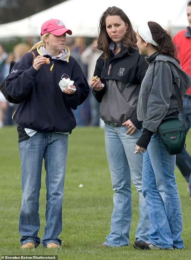 Kate chats with friends as she watches William play rugby at college in 2005