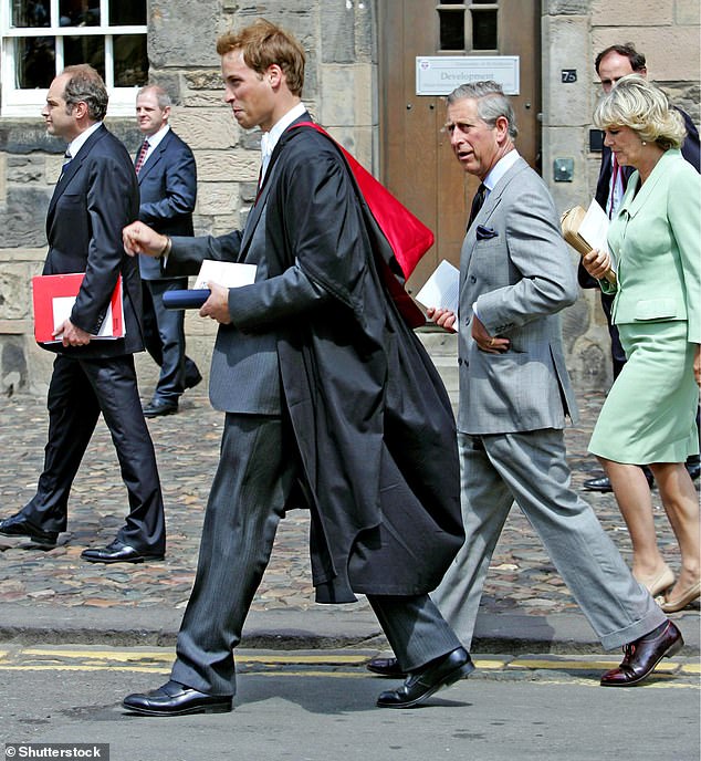 Prince William walking in his graduation gown alongside Charles and Camilla in June 2005