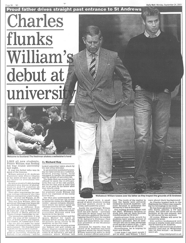 The Daily Mail's coverage of William on his first day at St Andrews in 2001