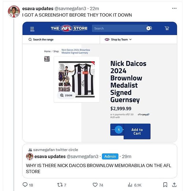 The AFL's online store appeared to accidentally reveal the winner of the 2024 Brownlow