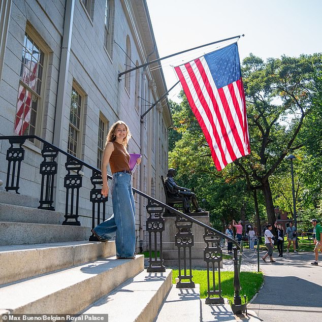 The royal, who previously studied at Oxford University, posed outside her new school in Massachusetts.