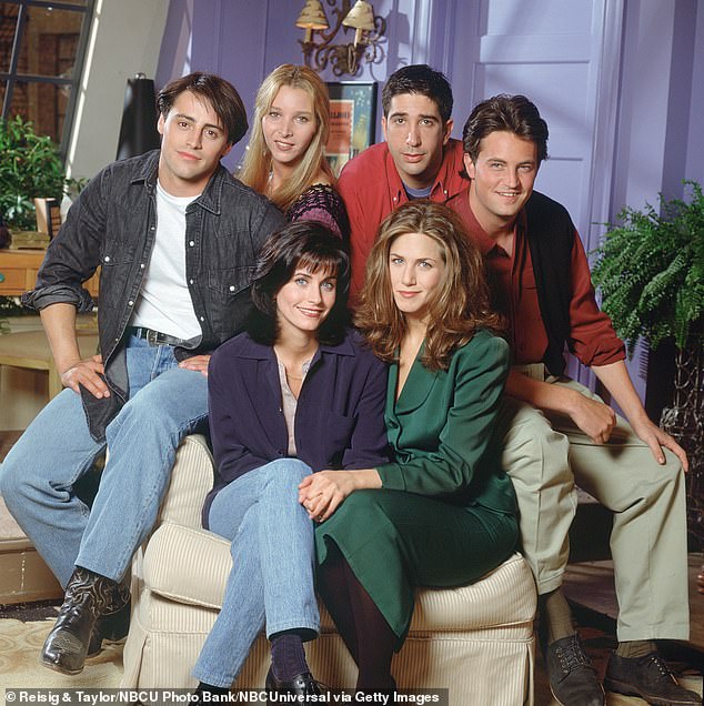 Cox, Matt LeBlanc, Lisa Kudrow, David Schwimmer, Matthew Perry and Aniston in a group portrait from Friends in 1994