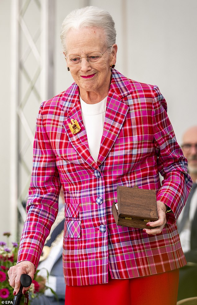 Denmark's Queen Margrethe has been discharged from hospital after a fall at Fredensborg Castle last week, but suffered an injury to her neck and left arm, the palace said on Friday. She is pictured at the Karen Blixen Museum in Copenhagen in September