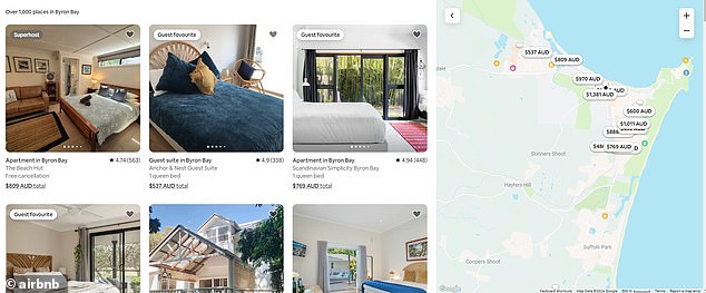 It is believed that the majority of unhosted holiday homes listed on Airbnb in Australia are primarily used as second homes by their owners, so it is highly unlikely that they will ever enter the long-term rental market. Pictured are current Airbnb listings in Byron Bay