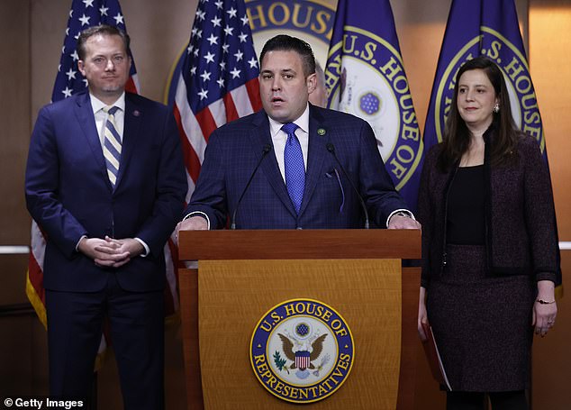 Rep. D'Esposito (center) in January 2023, shortly after taking office. A spokesperson for his office did not deny the matter, but would not comment on the employment of the two women, saying that 