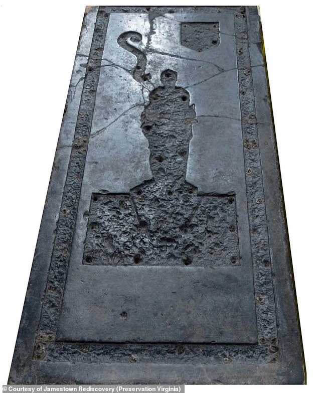 The headstone is not marble, but fine-grained black limestone, polished to look like marble; the stone itself dates to 1627 and was shipped across the Atlantic from Belgium.