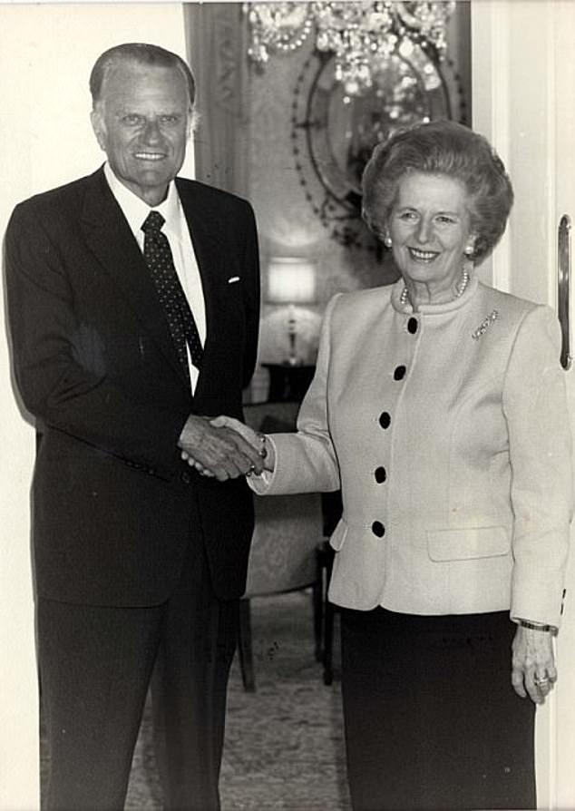 Former British Prime Minister Margaret Thatcher welcomes American evangelist Billy Graham to 10 Downing Street in London