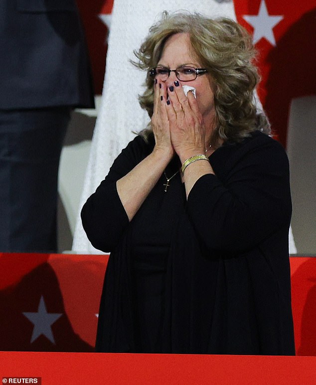 Beverly, mother of vice presidential candidate Sen. JD Vance (R-Ohio), gets emotional in the VIP box as her son speaks on the third day of the Republican National Convention (RNC), at the Fiserv Forum in Milwaukee, Wisconsin, U.S.