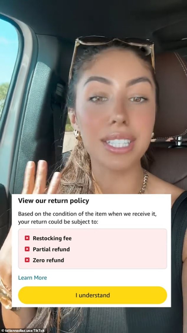 A screenshot of the return policy message you received appears on the screen, showing how you were told that you might be charged a restocking fee when you request the return.