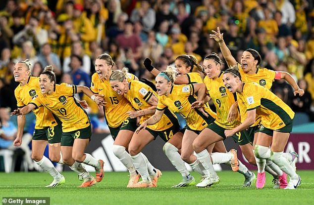 The Matildas captivated the nation at last year's Women's World Cup and the mural shows their reaction to the penalty that propelled them into the semi-finals (pictured)