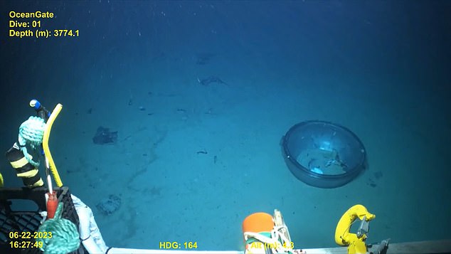 The front of the Titan submersible (pictured) was found with no surrounding debris suggesting the problem occurred at the front of the Titan.