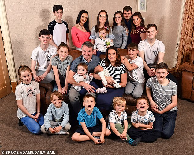 The Radford family in 2017: (L to R, top row) Luke, 16, Chloe, 21, Mille, 16, holding Hallie, 2, Katie, 14, and Sophie, 23. (L to R, middle row) Daniel, 18, Ellie, 12, dad Noel Radford holding Phoebe, 1, mum Sue holding newborn Archie, Josh, 10, and Jack, 20. (L to R, bottom row) Aimee, 11, Tilly, 7, Max, 8, Casper, 4, Oscar, 5, and James, 13.