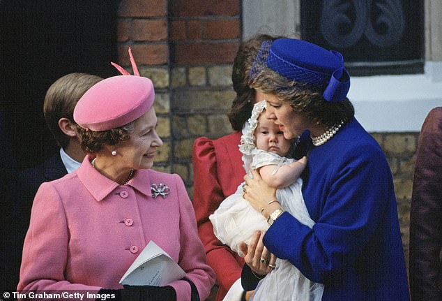 The famous godmother! The late Queen with her Greek counterpart, Anna Maria, at the christening of Princess Theodora in London in 1983