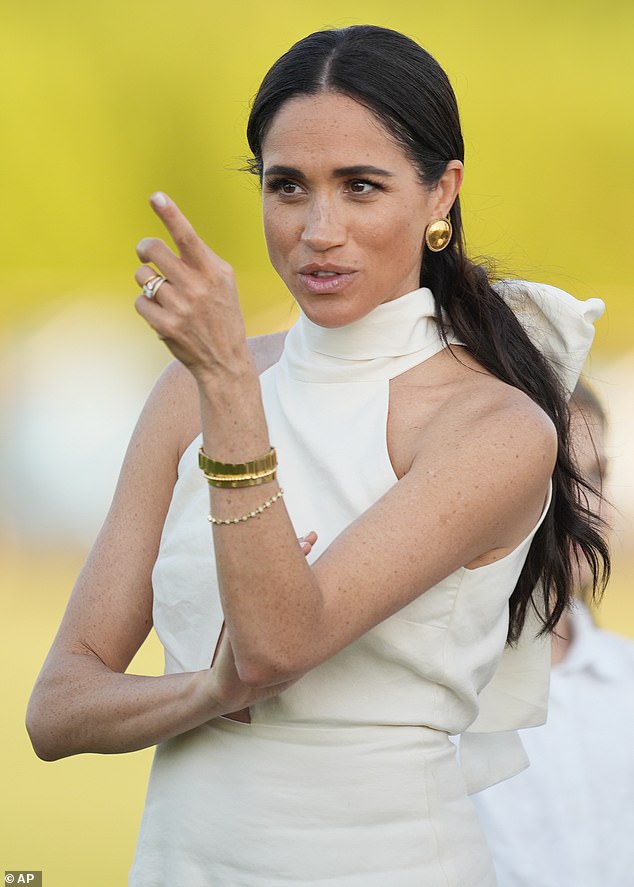 Meghan Markle, Duchess of Sussex, watches the awards ceremony at the 2024 Royal Salute Polo Challenge on April 12