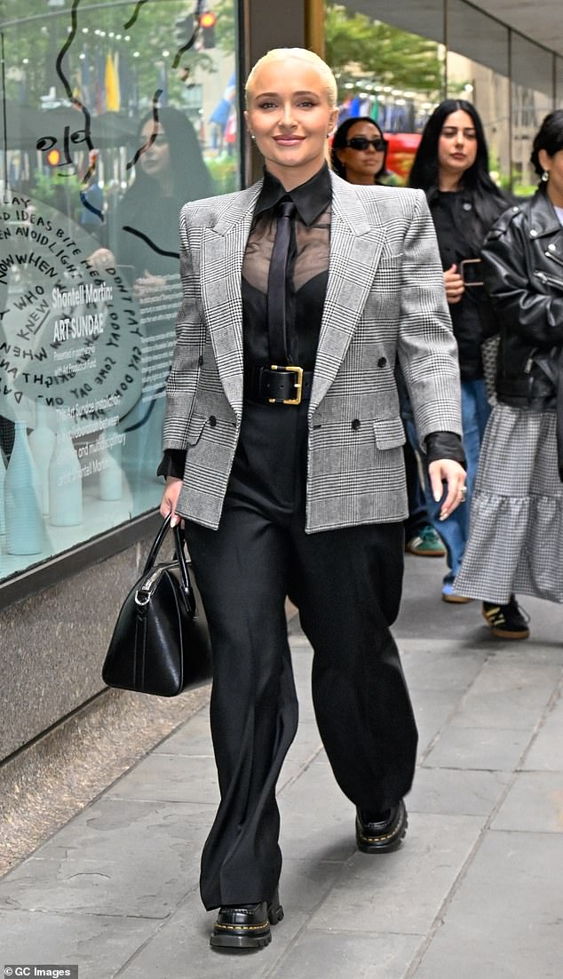 Hayden stepped out on the Today Show wearing a sleek grey blazer and high-waisted black pants.