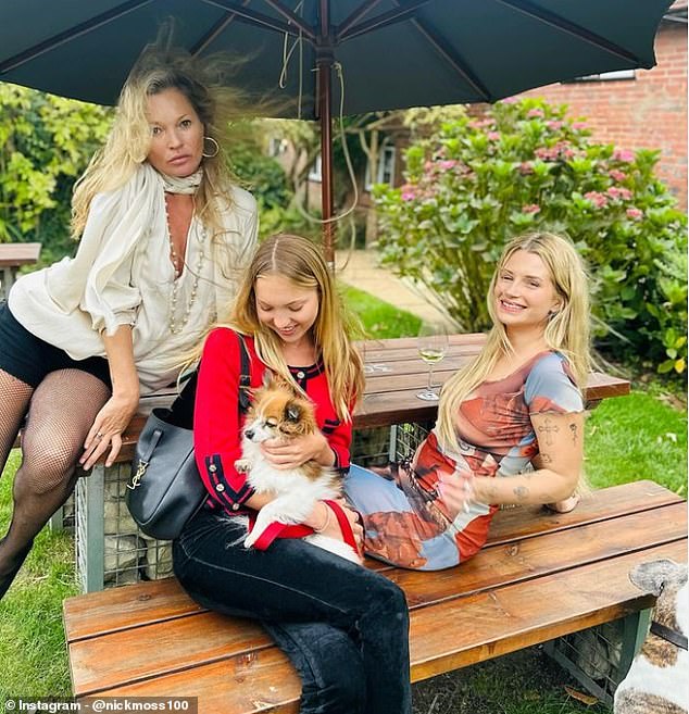 Kate and her daughter Lila Moss, 21, are back on good terms with Kate's half-sister Lottie Moss, 26, after three years of feuding (all pictured at patriarch Peter's 80th birthday party in August).