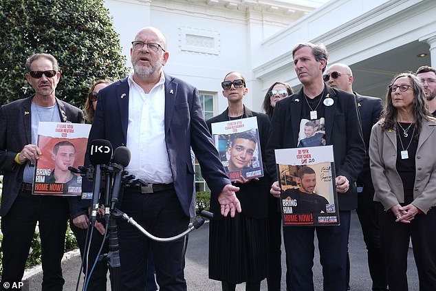 At least seven Americans are believed to remain in captivity. Three of them may be dead. President Biden is not disclosing their names. (Above) Jonathan Dekel-Chen, father of American hostage Sagui Dekel-Chen, and other hostage families in Gaza outside the White House on April 9, 2024