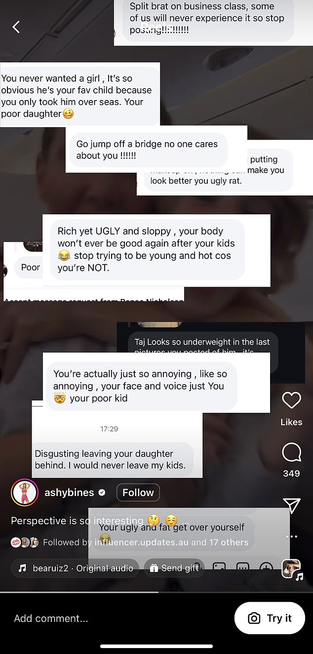 In a video shared on the social media platform, the Queensland-based health guru shared a collection of hate messages she received after posting about her travels with her son.