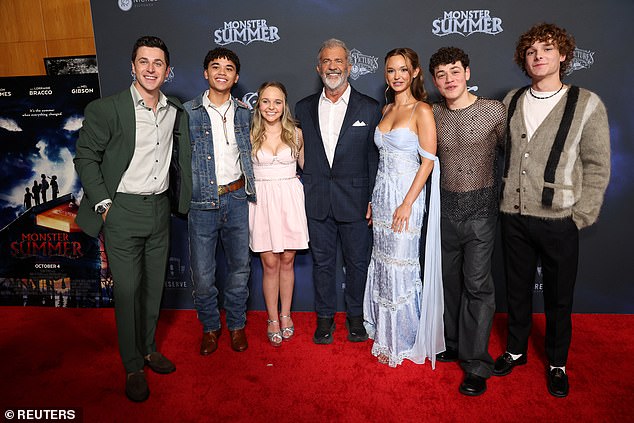 (L-R) Henrie posed with cast members Noah Cottrell, Abby James Witherspoon, Gibson, Lilah Pate, Julian Lerner and Mason Thames at the event.