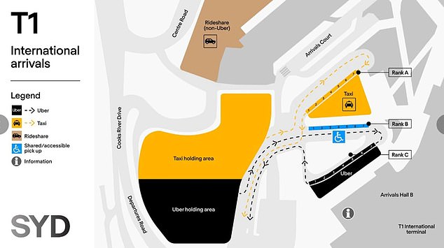 Pictured is a map of the Sydney Airport pick-up area with the new Uber zone.