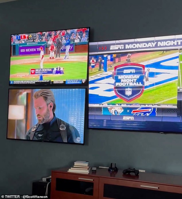 This is just half of Hanson's five-screen setup, with a 70-inch TV front and center.