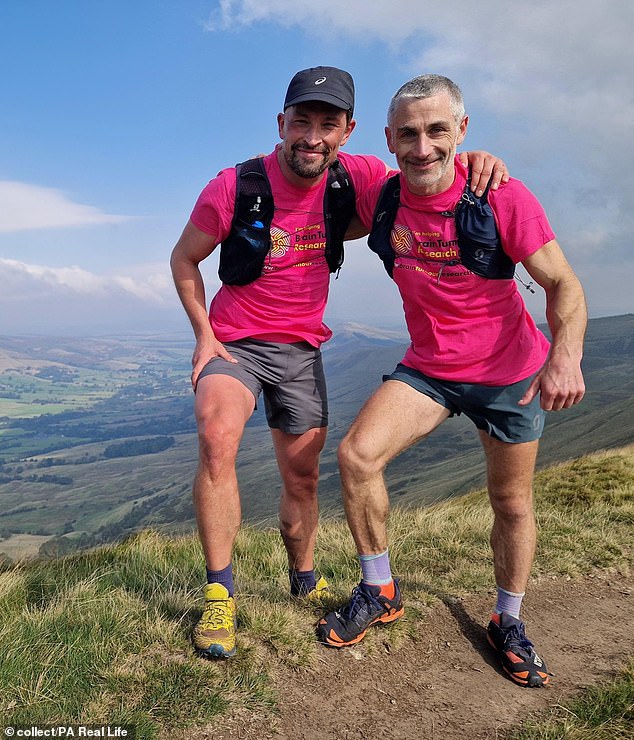 James (left) and his friends ran along the Edale Skyline in the Peak District to raise money for brain tumour research.