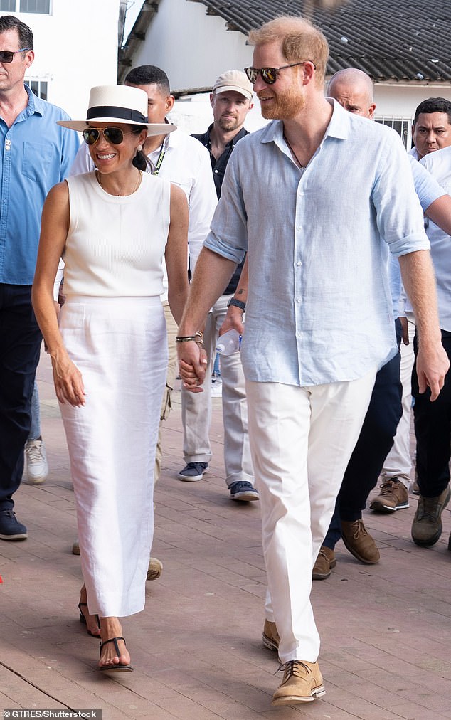 Prince Harry and Meghan Markle pictured during their quasi-royal tour of Colombia in August 2024