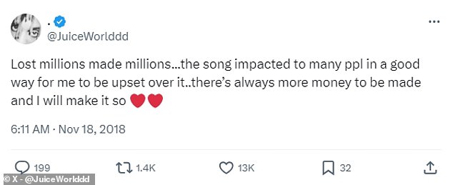 Juice WRLD wrote after the dispute that he was pleased with the impact the song had and claimed there were more opportunities to make money elsewhere.