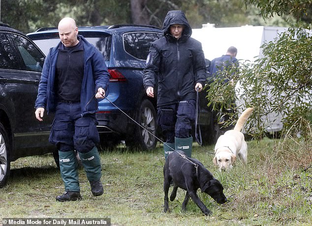 Police using sniffer dogs, horses and motorbikes set out from Grenville Recreation Reserve to search the bush as heavy rain eased.