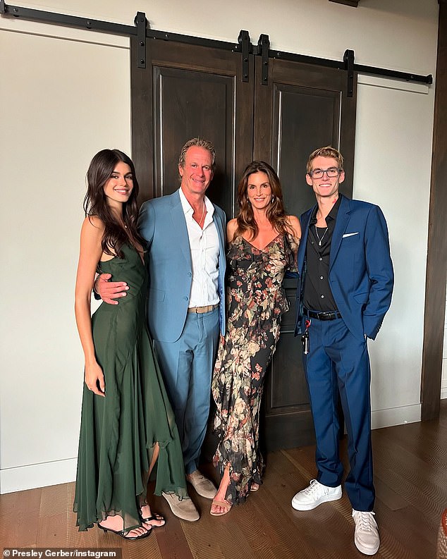 The producer and Super Models star is also a mother to 25-year-old son Presley Walker Gerber (right, pictured Aug. 3), from her 26-year marriage to second husband, Casamigos co-founder Rande Gerber (2nd L).