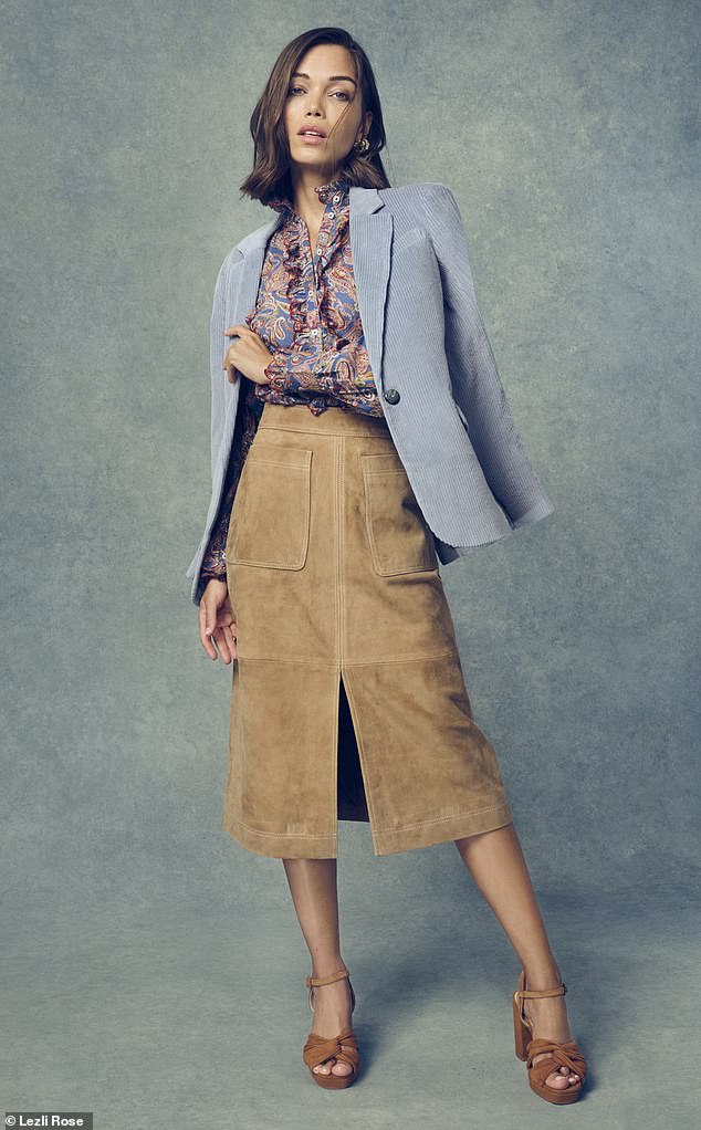 Jacket, £199, nrby.com; shirt, £85, skirt, £260 and shoes, £130, all from boden.co.uk